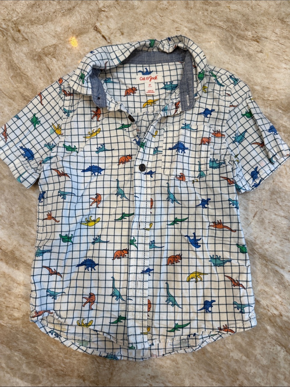 Cat & Jack White Grid Short Sleeve Button-Up with Colorful Dinosaurs